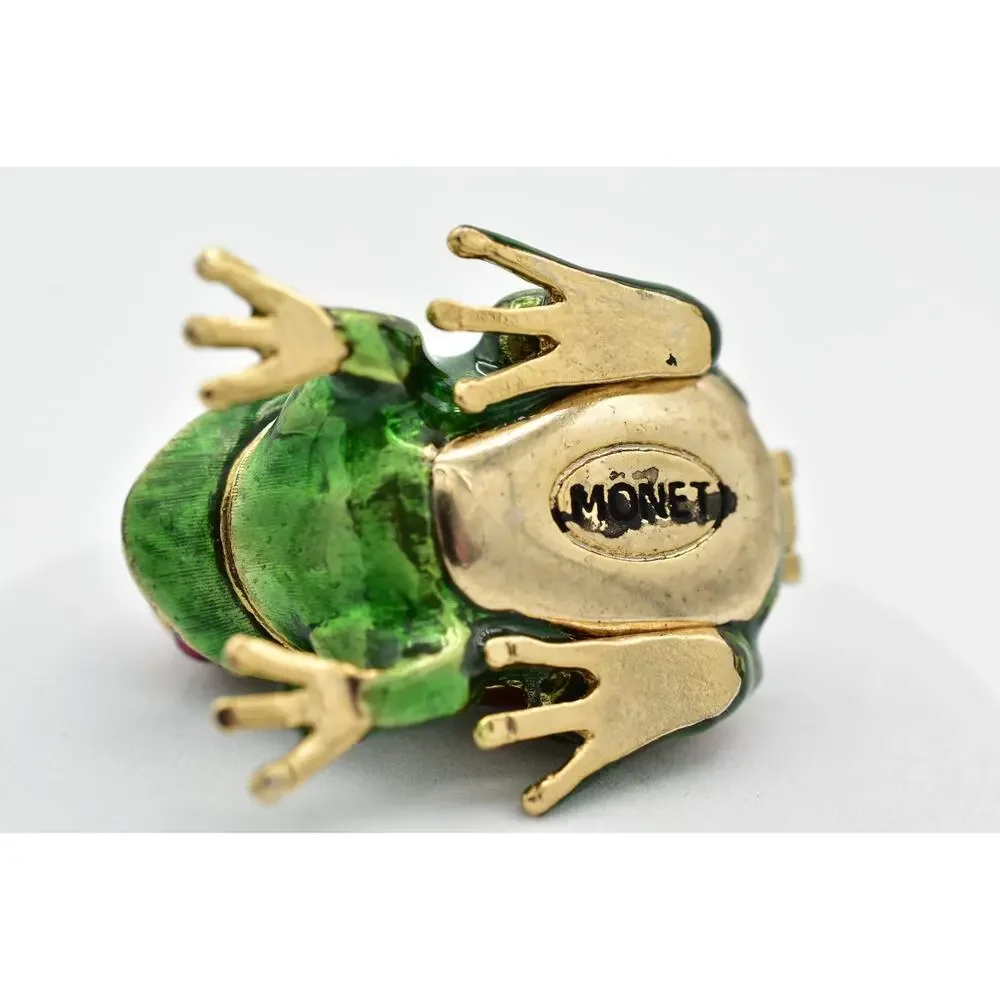 Monet Vintage Christmas Trinket Box Santa Claus Frog Enamel Holiday Gold Green